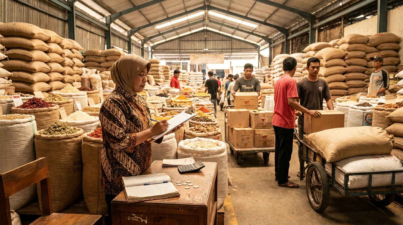 Pengusaha lokal Indonesia sedang mengecek stok barang di pusat distribusi grosir untuk menjaga efisiensi operasional.