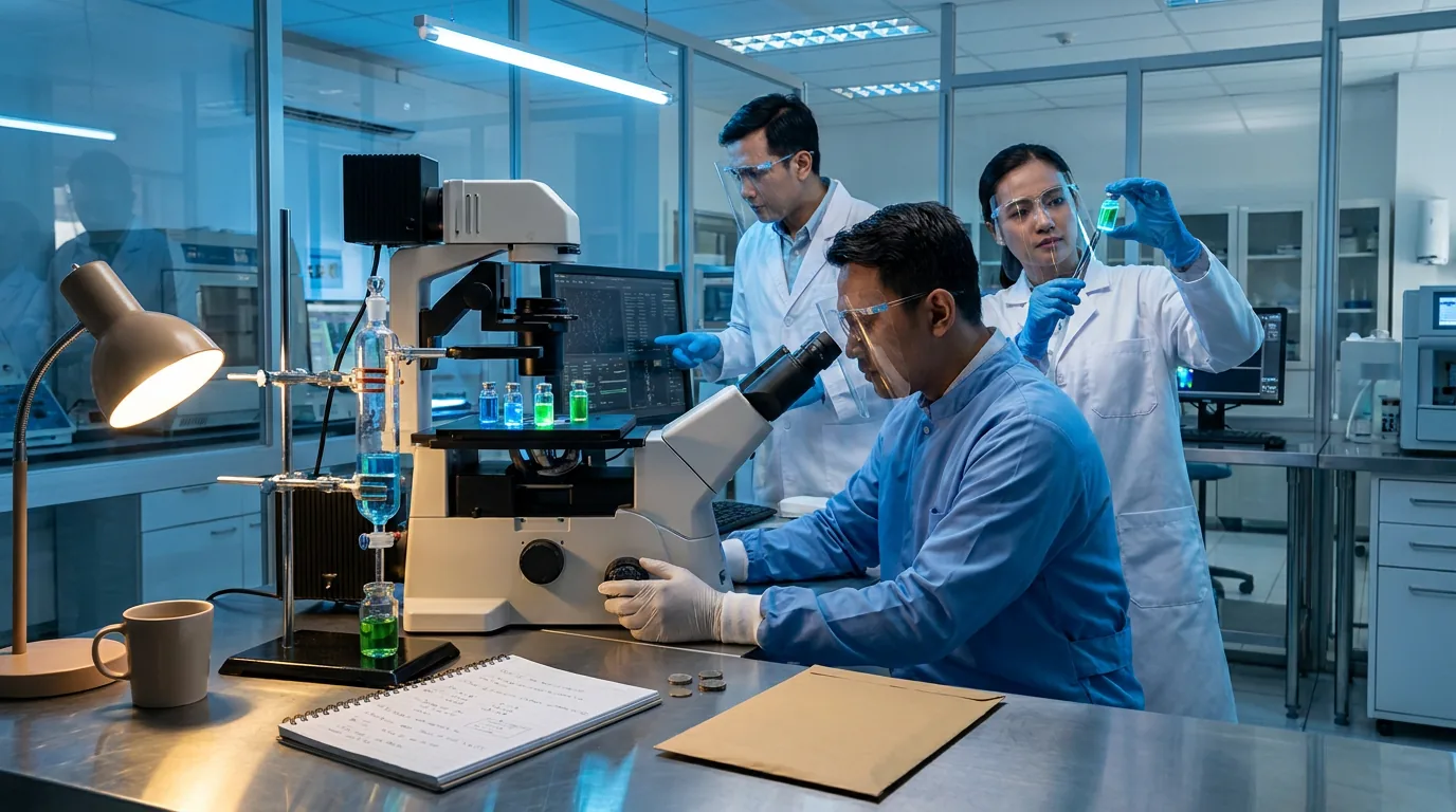 Ilmuwan medis sedang melakukan riset di laboratorium canggih yang mewakili industri radiofarmasi bernilai miliaran dolar.