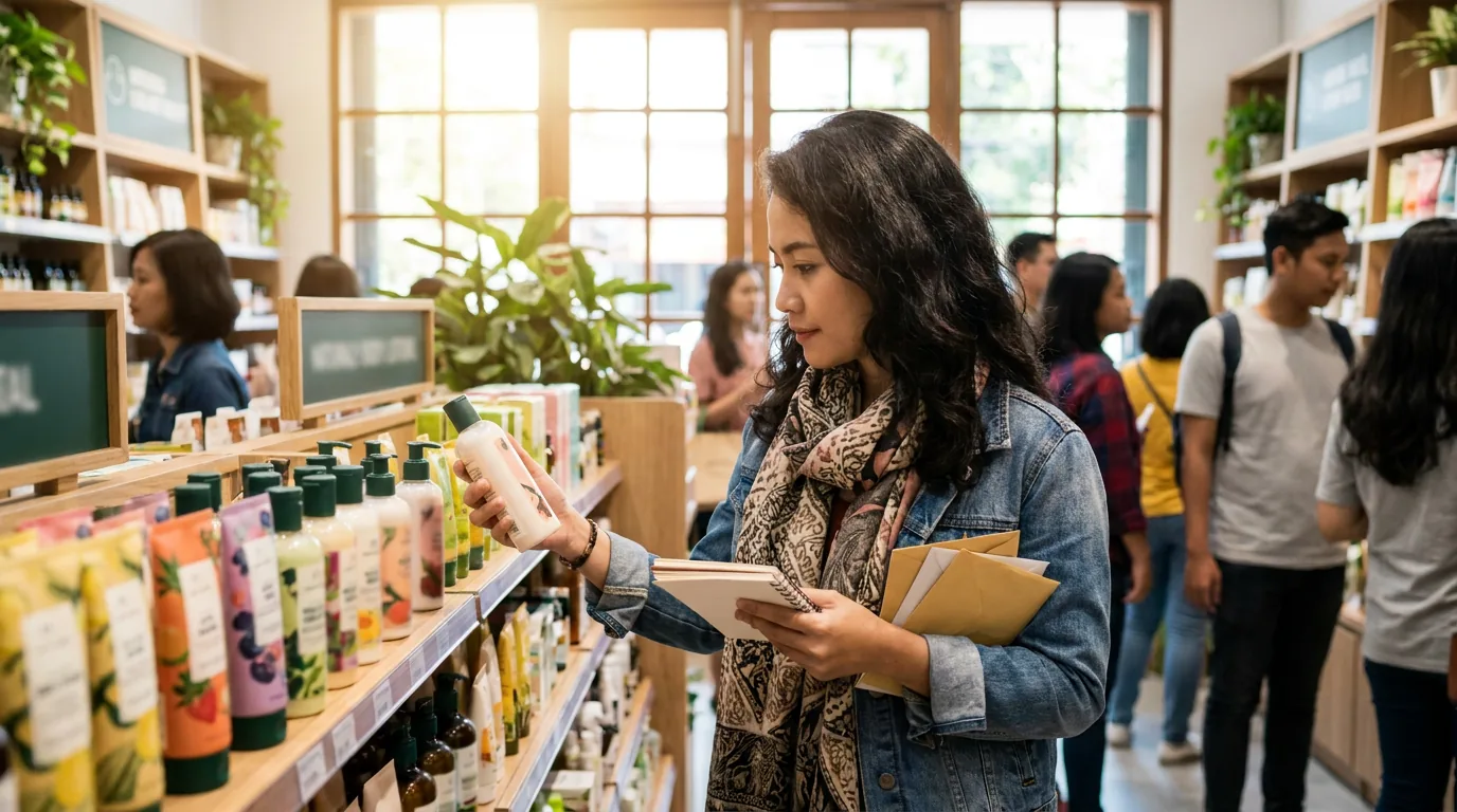 Wanita berbelanja produk perawatan tubuh di toko kosmetik modern.
