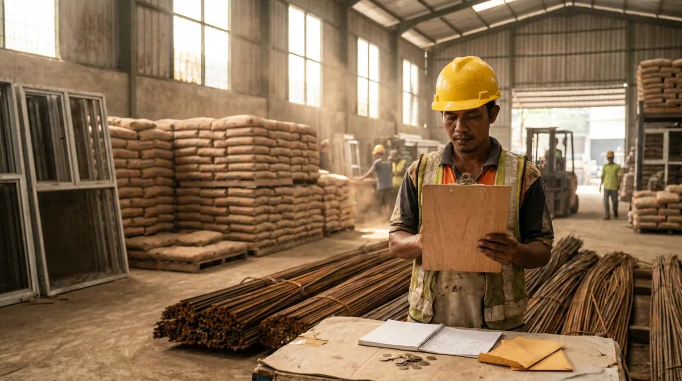 Suasana gudang material bangunan di Indonesia yang penuh dengan tumpukan semen dan besi baja, merepresentasikan lonjakan harga bahan baku konstruksi.