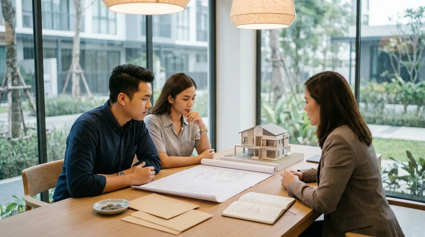 Pasangan muda Indonesia sedang berdiskusi dengan agen properti melihat maket rumah, merencanakan strategi uang muka KPR di tengah suku bunga tinggi.