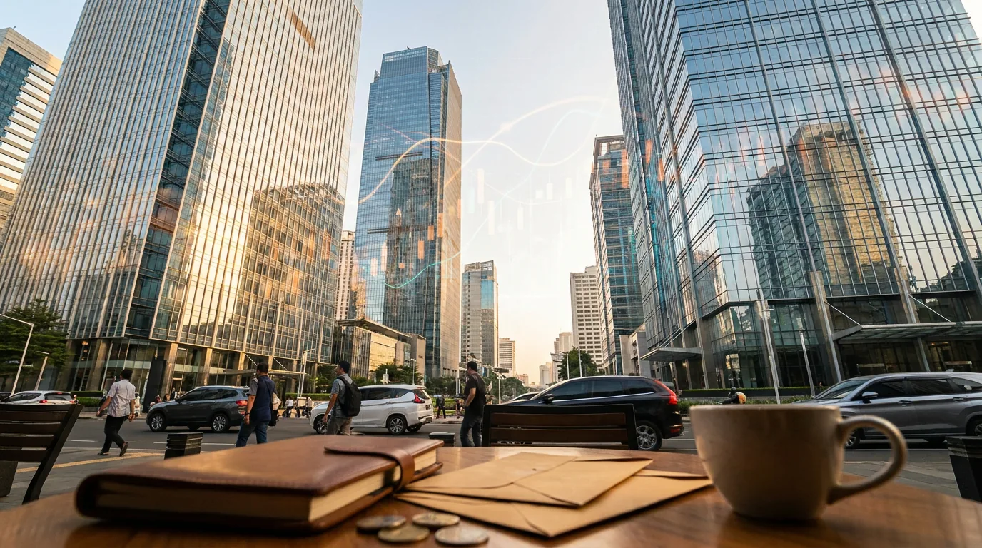 Gedung pencakar langit di kawasan bisnis Jakarta yang melambangkan pergerakan modal institusi besar dan manajemen aset global.