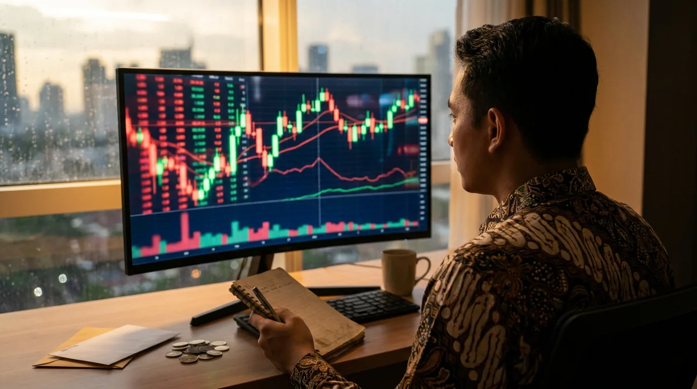 Seorang investor ritel muda di Indonesia sedang menganalisis grafik pasar keuangan dengan tenang untuk menentukan strategi alokasi dana.