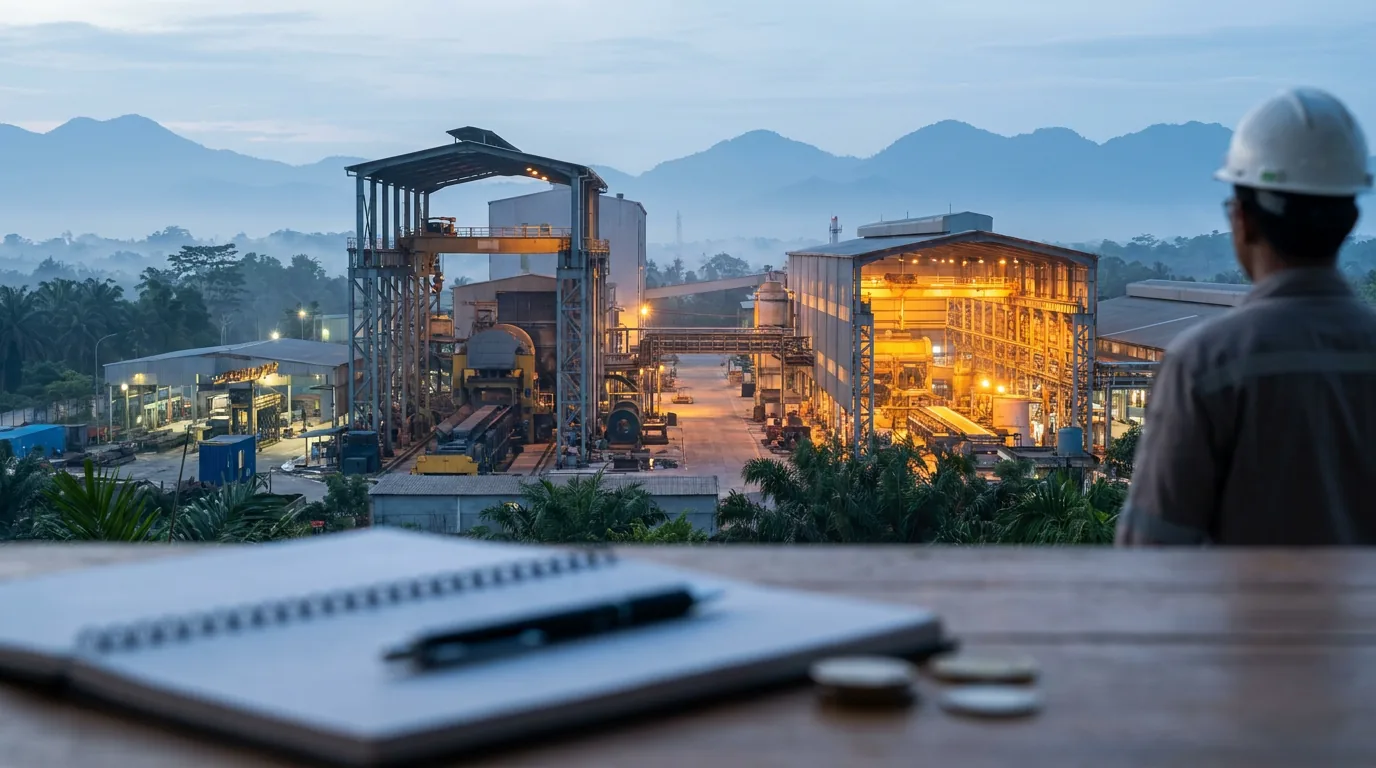 Suasana pabrik industri modern berskala besar di Indonesia pada pagi hari yang merepresentasikan aset investasi strategis dan kesiapan modal.