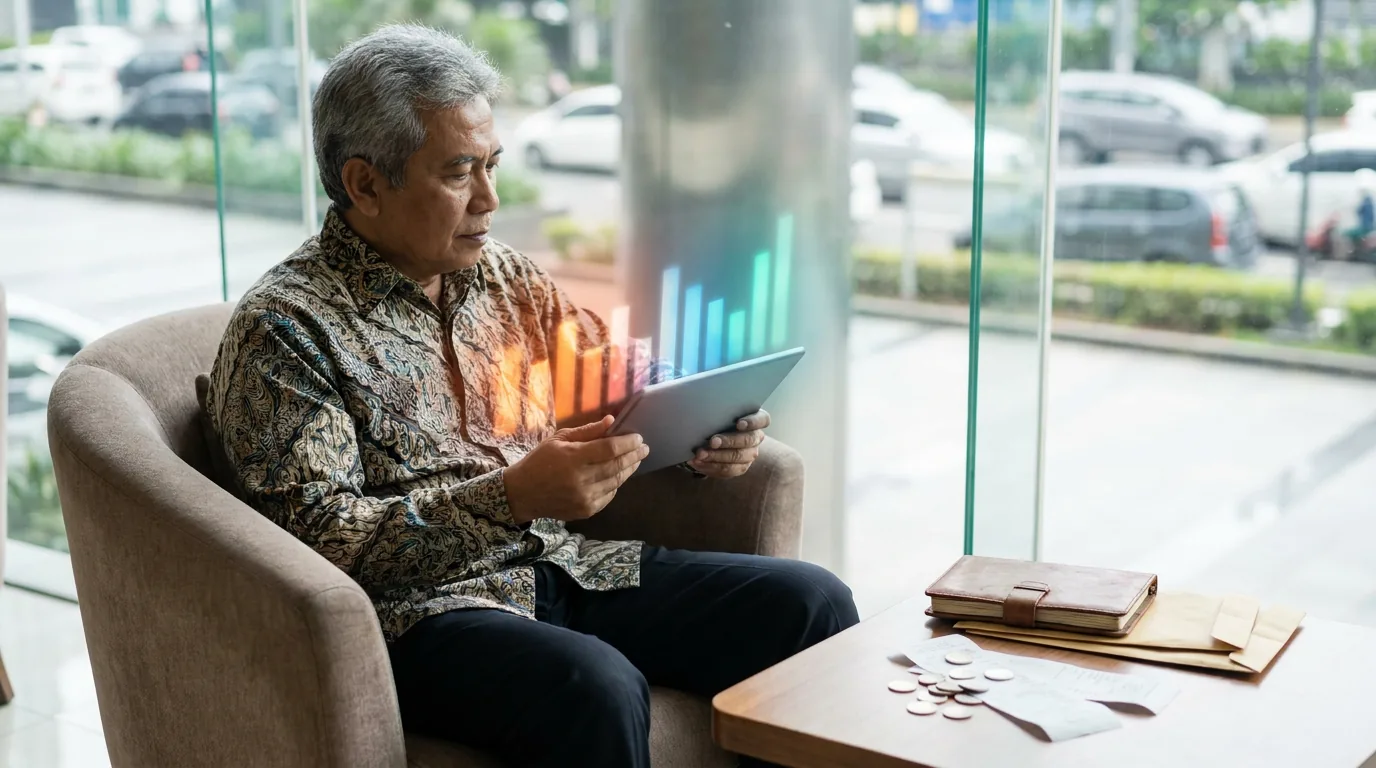 Seorang pekerja senior di Indonesia sedang memantau grafik investasi abstrak di tablet yang melambangkan penyesuaian risiko dana pensiun yang dinamis.