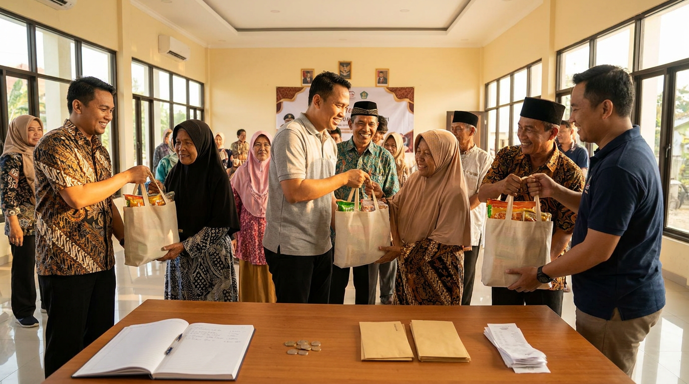 Relawan membagikan paket bantuan di balai warga sebagai representasi alokasi dana sosial dan filantropi.