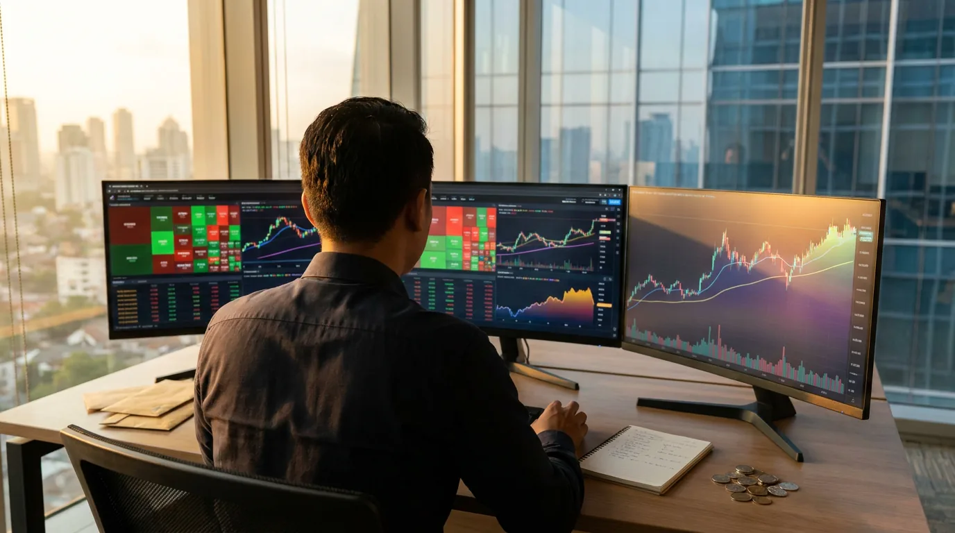 Seorang analis keuangan di Jakarta sedang memantau grafik pasar saham di layar monitor untuk menentukan strategi ekspansi investasi.