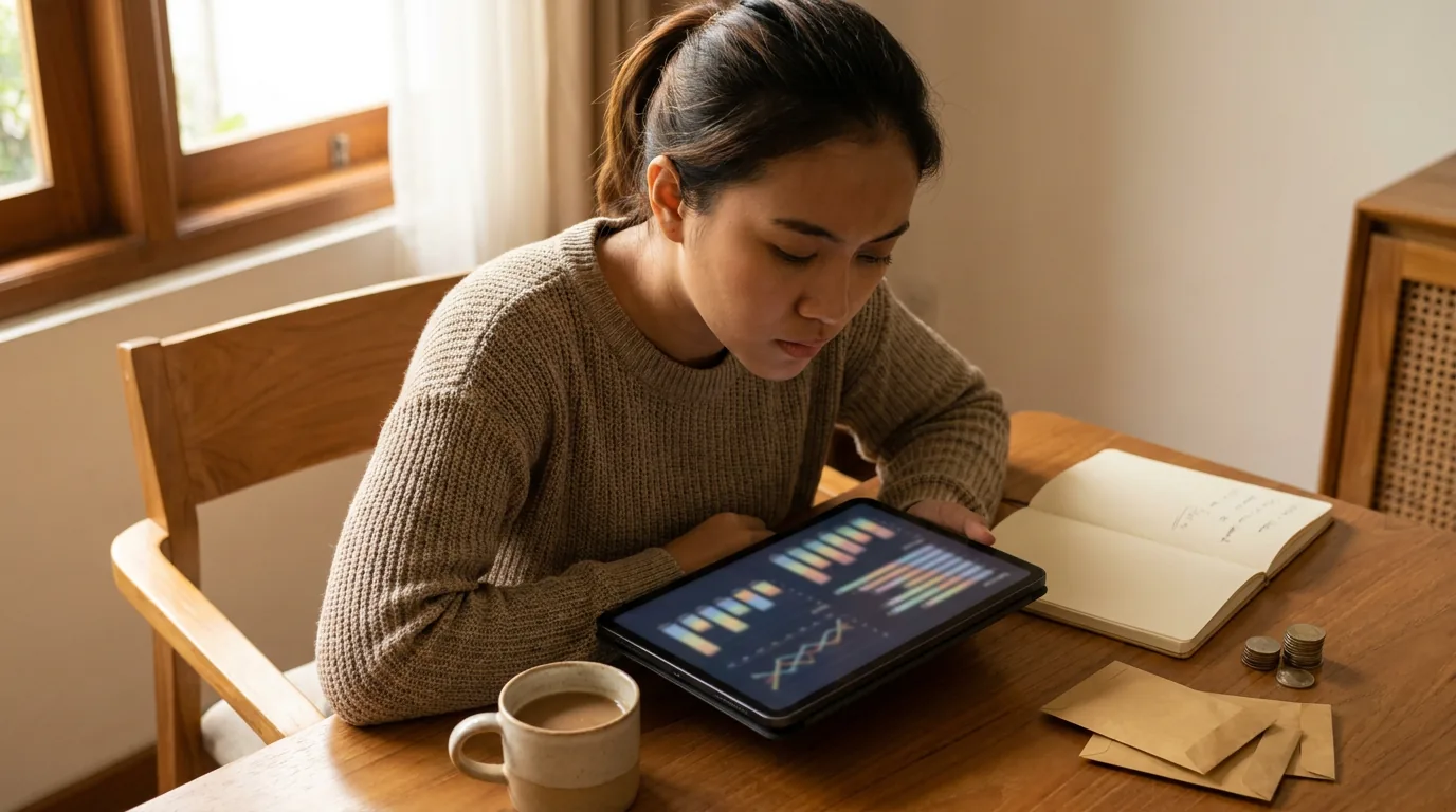 Seseorang sedang serius mengevaluasi perencanaan keuangan dan menyiapkan dana darurat melalui perangkat digital untuk menghadapi ketidakpastian ekonomi.