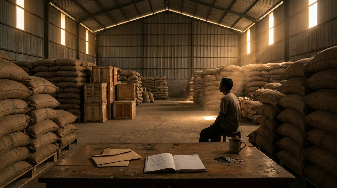 Kondisi dalam gudang industri besar yang penuh dengan tumpukan material komoditas, menggambarkan ilusi kekayaan korporasi di mana aset fisik sulit dicairkan menjadi uang tunai saat jatuh tempo.