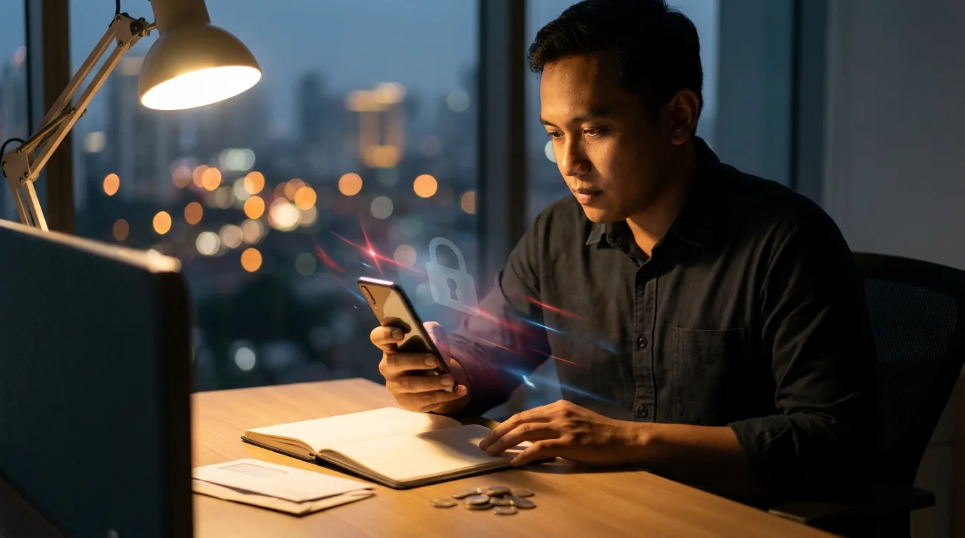 Seseorang menggunakan ponsel cerdas dengan latar belakang lampu kota Jakarta dan ilustrasi data digital yang melambangkan ancaman siber pada sistem keuangan.