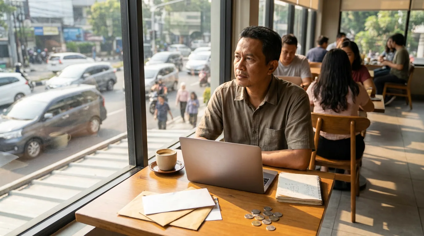 Seorang pekerja lepas muda Indonesia sedang merenung di sebuah kafe modern, menyadari pentingnya memiliki jaring pengaman finansial untuk menghadapi risiko tak terduga.