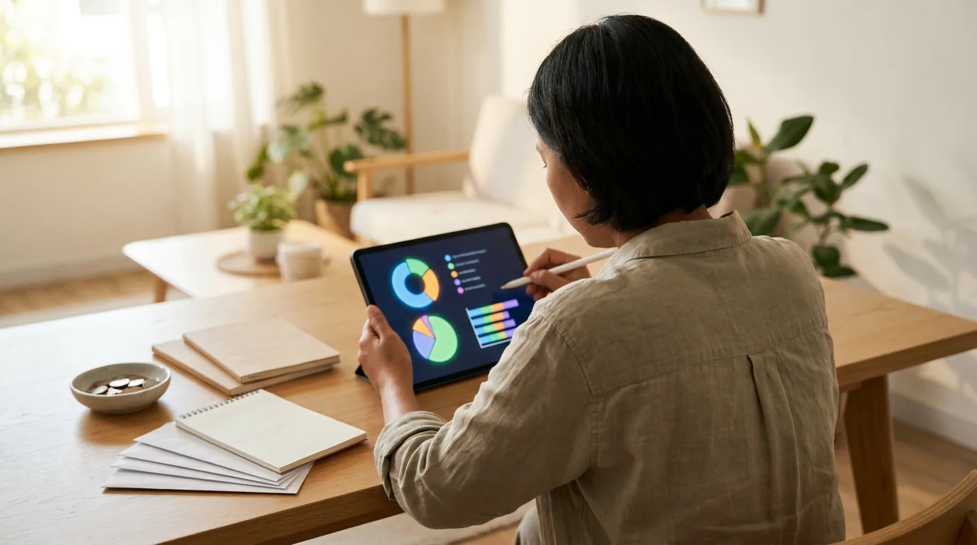 Seseorang mengevaluasi grafik alokasi dana pada layar tablet untuk merencanakan porsi anggaran asuransi jiwa yang sehat dari penghasilan bulanan.