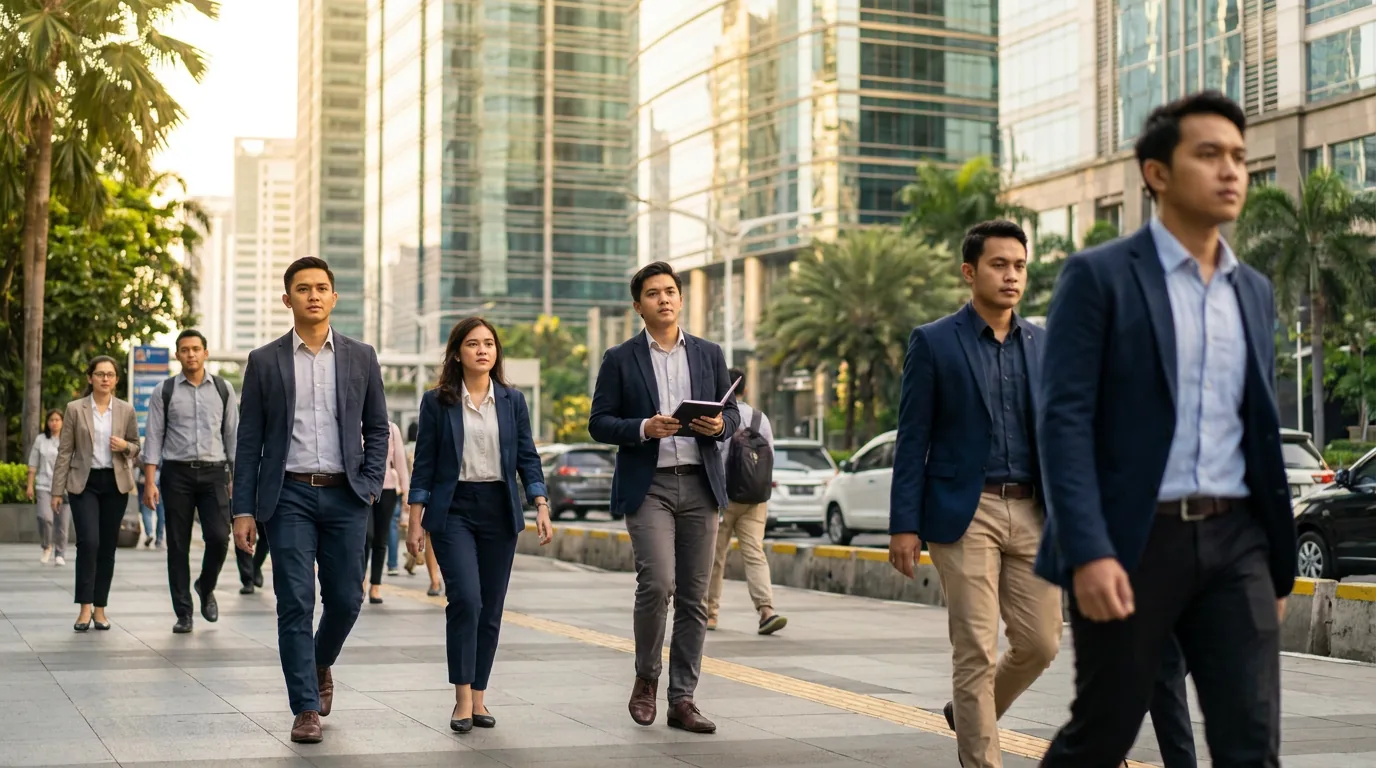 Para profesional muda berjalan di kawasan bisnis SCBD Jakarta, merepresentasikan meningkatnya kesadaran kelas menengah terhadap tren ekonomi dan proteksi finansial.