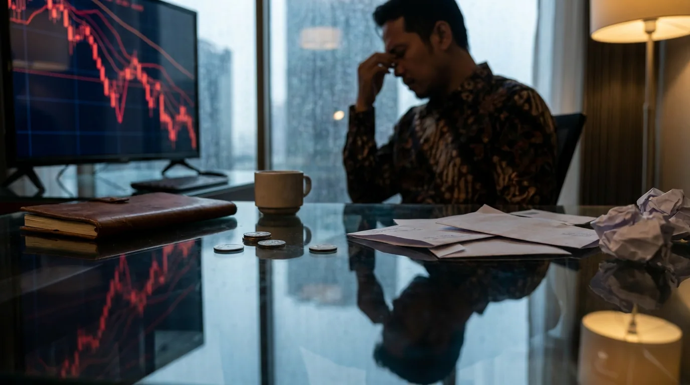 Grafik finansial berwarna merah yang menurun drastis di layar digital, menggambarkan penurunan nilai aset kredit secara tiba-tiba.