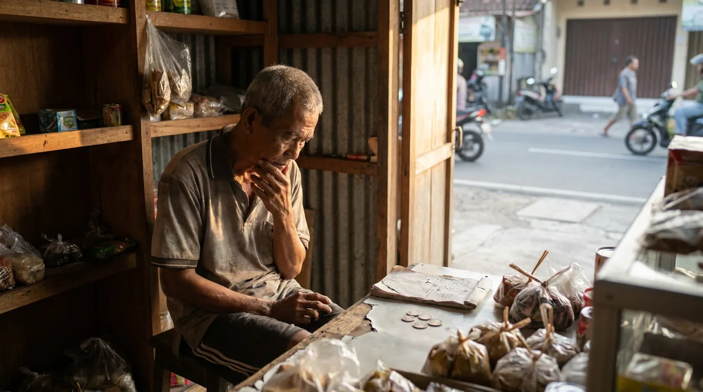 Pemilik warung UMKM di Indonesia yang sedang termenung di tokonya yang sepi, merepresentasikan realita dan risiko peminjam dalam P2P lending.