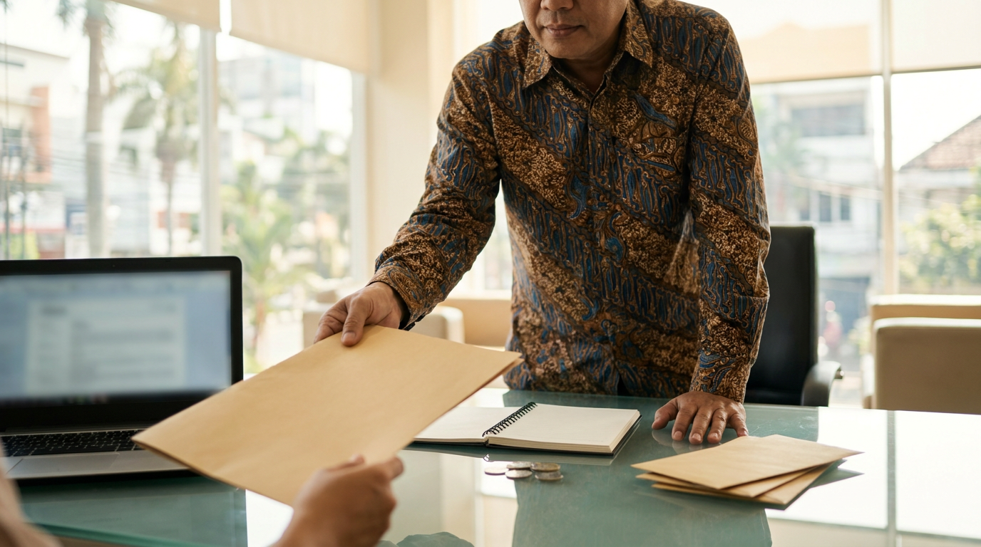 Eksekutif bank berpakaian batik menyerahkan dokumen persetujuan di meja kaca kantor bank yang modern, menggambarkan proses pengambilan keputusan finansial.