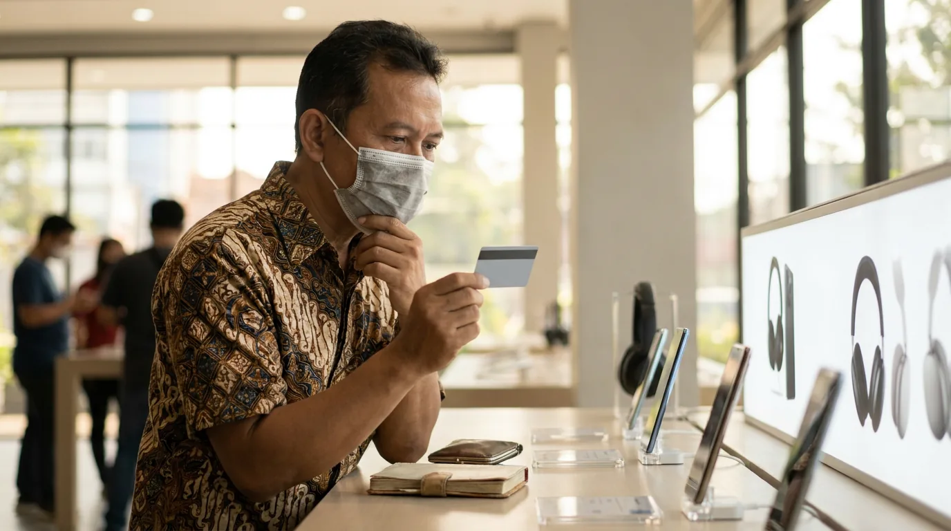Seorang konsumen di pusat perbelanjaan Jakarta tampak ragu saat memegang kartu bank, menggambarkan pertimbangan manajemen risiko terhadap utang konsumtif.