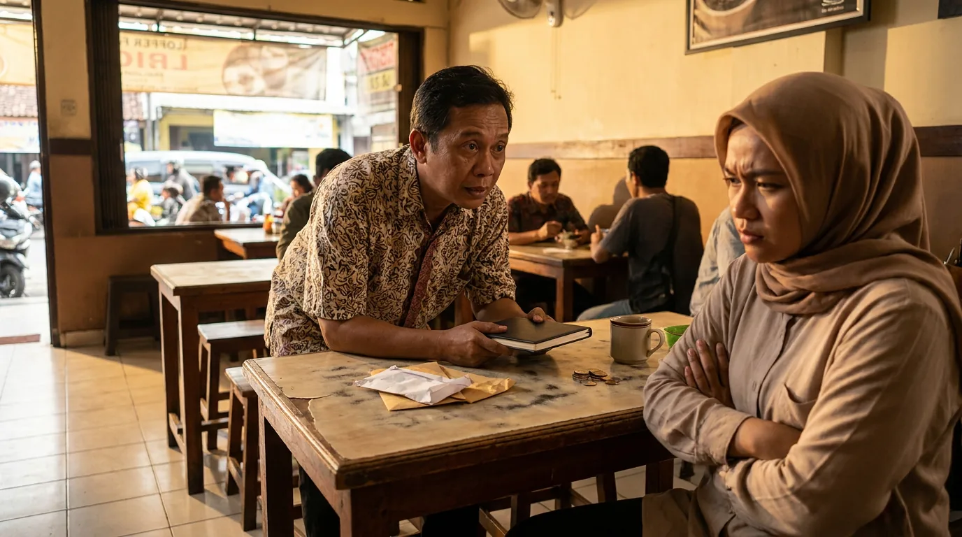Dua orang berbincang dengan raut wajah tegang di sebuah kedai kopi, merepresentasikan rasa tidak enak dan risiko finansial saat meminjamkan uang kepada kerabat.
