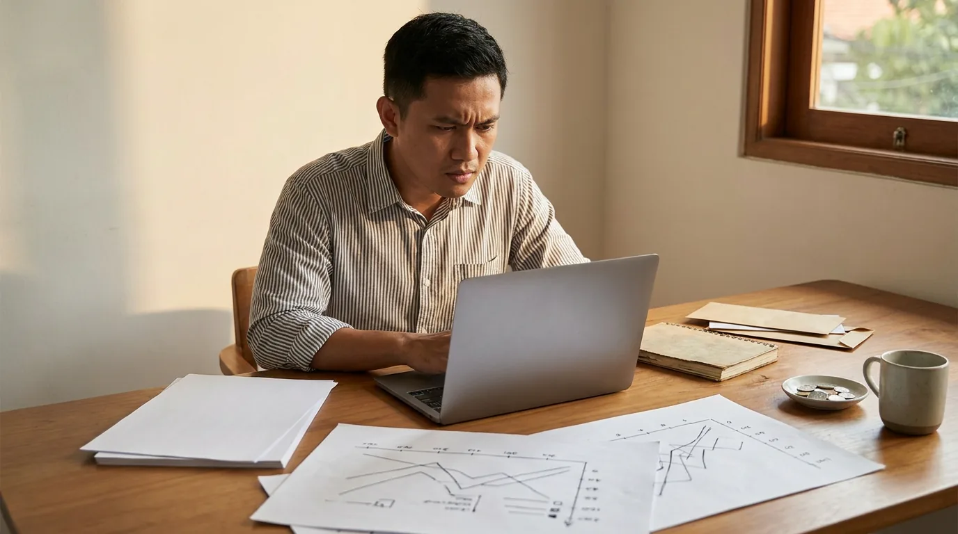 Seorang pekerja lepas di Indonesia sedang fokus bekerja di depan laptop untuk menyusun strategi baru setelah kehilangan sumber pendapatan utama.