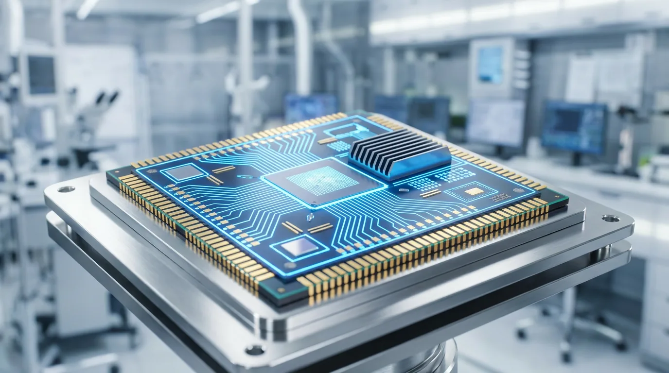 Tampilan jarak dekat microchip kecerdasan buatan yang canggih, mewakili investasi perangkat keras bernilai miliaran dolar di industri teknologi.