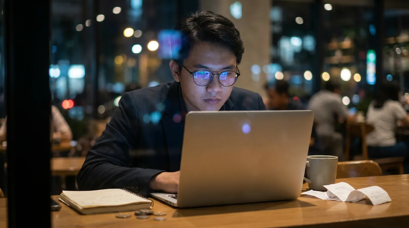 Seorang profesional muda Indonesia bekerja dengan laptop yang memancarkan cahaya pola digital, menggambarkan dampak teknologi AI global pada kehidupan sehari-hari.