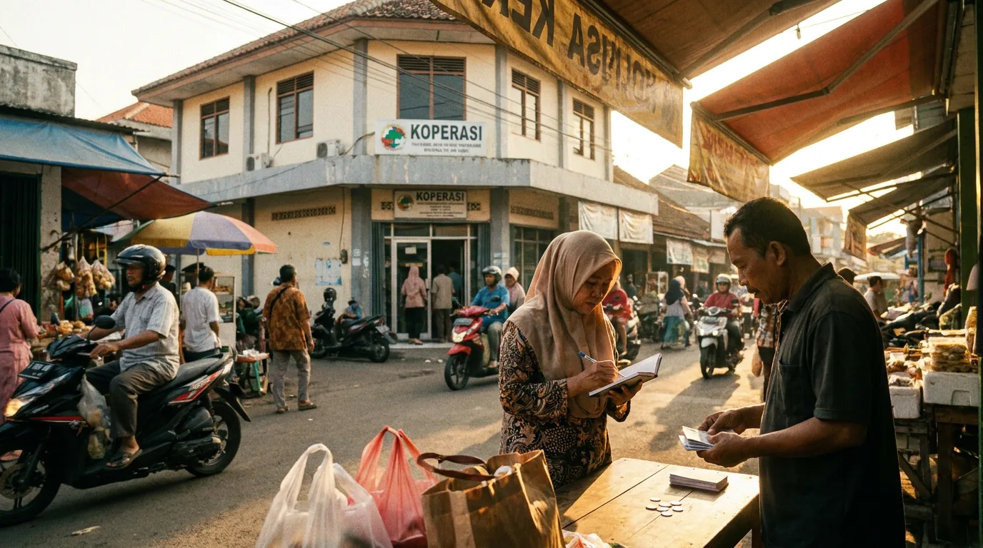 Aktivitas ekonomi masyarakat di sekitar kawasan komersial dan lembaga keuangan lokal di Indonesia yang menyoroti pentingnya kehati-hatian nasabah dalam memilih tempat menyimpan dana.