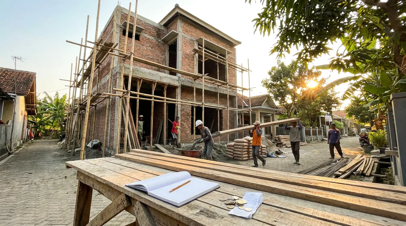Proses pembangunan rumah di kawasan perumahan Indonesia yang menunjukkan properti sebagai aset fisik yang tangguh terhadap inflasi.
