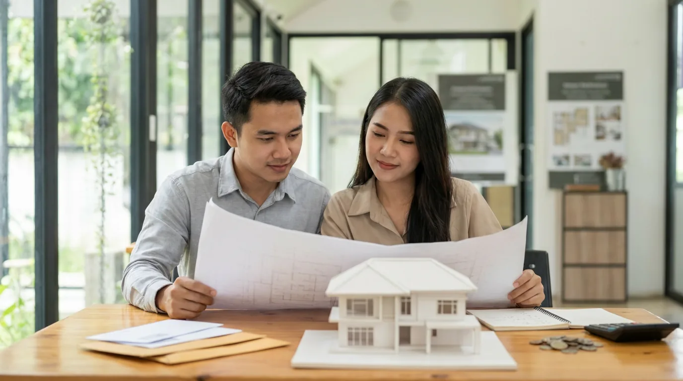 Pasangan muda sedang berdiskusi di galeri pemasaran properti sambil melihat maket rumah untuk merencanakan target dana uang muka dan cicilan.