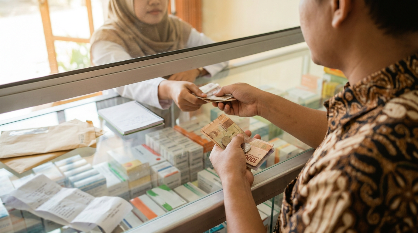 Transaksi pembelian obat dengan uang tunai di apotek lokal Indonesia, merepresentasikan tingginya inflasi medis yang menggerus daya beli masyarakat.