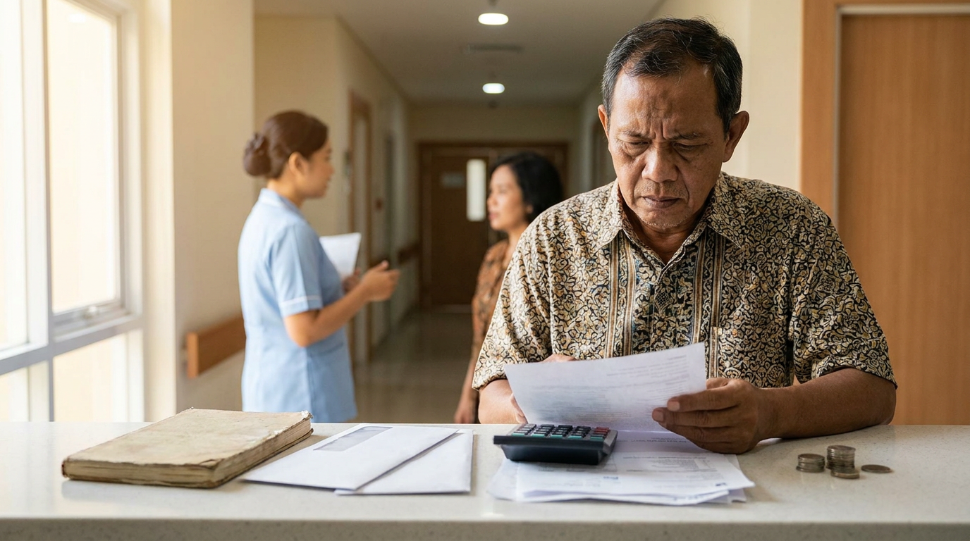Seorang pria Indonesia tampak khawatir saat melihat tagihan medis di meja kasir rumah sakit, menggambarkan beban kenaikan biaya kesehatan.