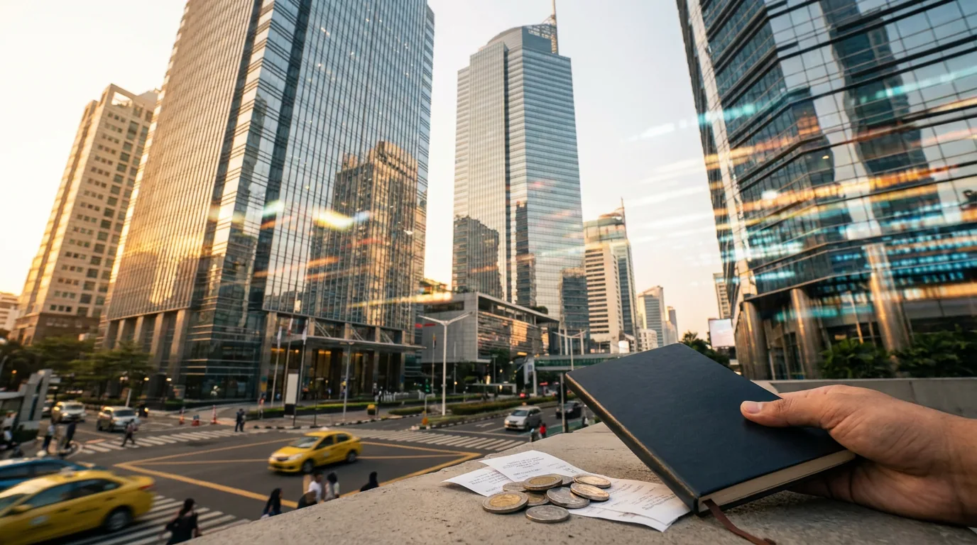 Gedung pencakar langit kaca modern yang memantulkan garis data keuangan abstrak bursa saham.