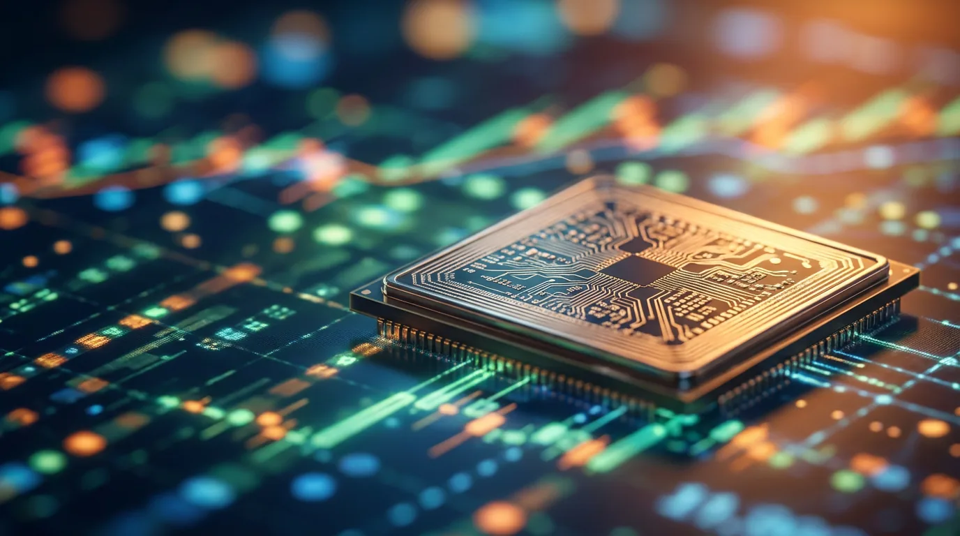 Cip semikonduktor di atas layar grafik saham digital yang menyala merepresentasikan investasi di sektor teknologi.