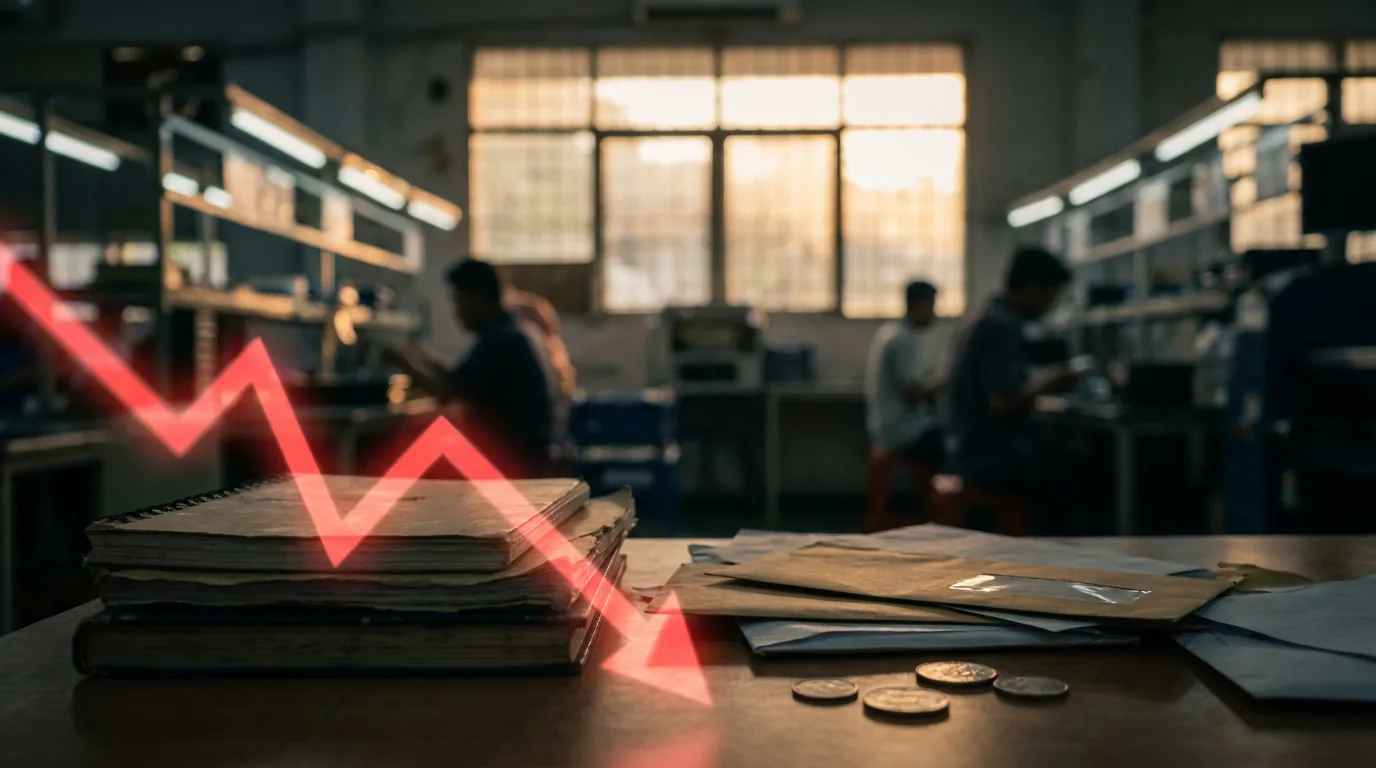 Pabrik elektronik modern dengan proyeksi grafik saham merah yang menurun tajam.