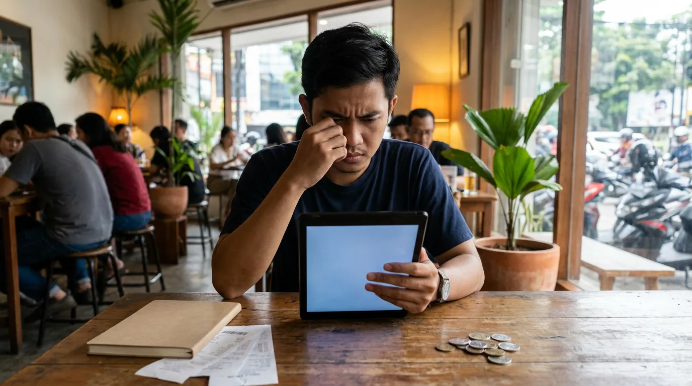 Investor muda Indonesia tampak stres melihat layar tablet di sebuah kafe di Jakarta.