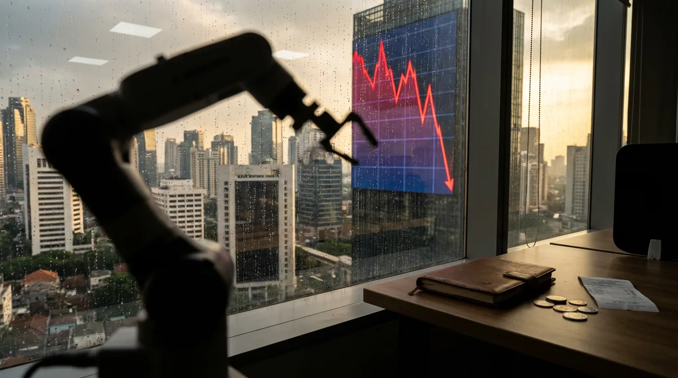 Papan saham digital menunjukkan grafik merah menurun tajam dengan siluet lengan robot di depannya.