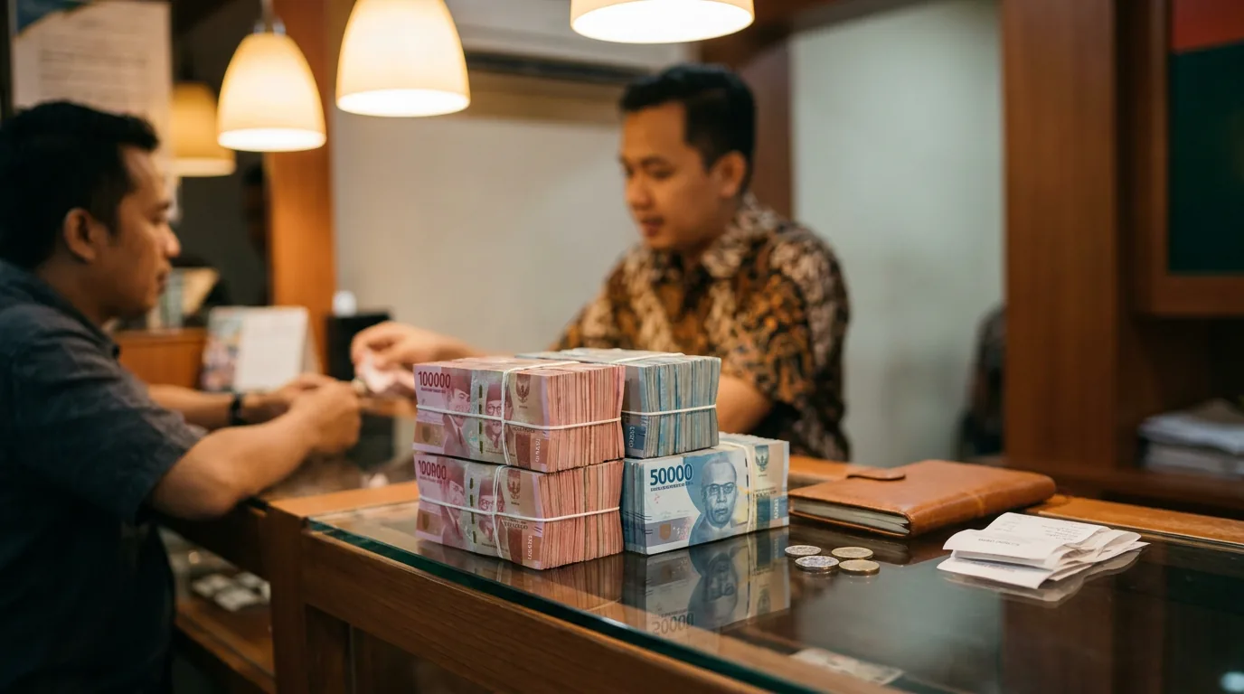 Tumpukan uang kertas Rupiah di atas meja kaca money changer sebagai simbol stabilitas nilai tukar.