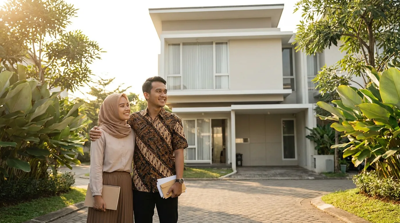 Pasangan muda Indonesia tersenyum melihat rumah baru di kawasan perumahan, merepresentasikan cicilan KPR yang stabil.