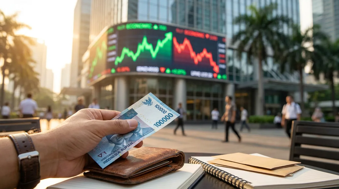 Seseorang memegang uang kertas Rupiah dengan latar belakang papan grafik ekonomi abstrak di kawasan perbankan Jakarta.
