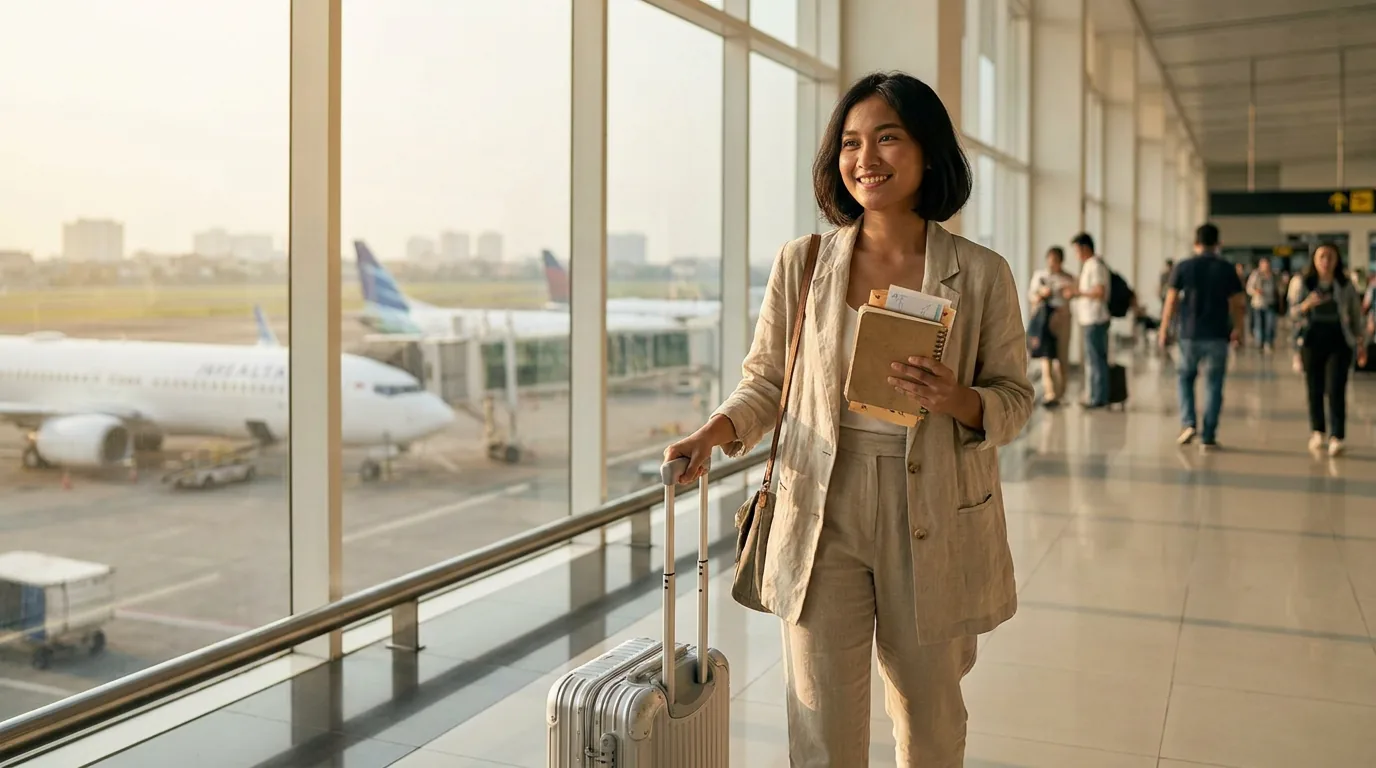 Seorang perempuan berjalan santai membawa koper di terminal bandara internasional, menggambarkan keuntungan nilai tukar rupiah yang stabil bagi masyarakat yang ingin merencanakan liburan ke luar negeri.