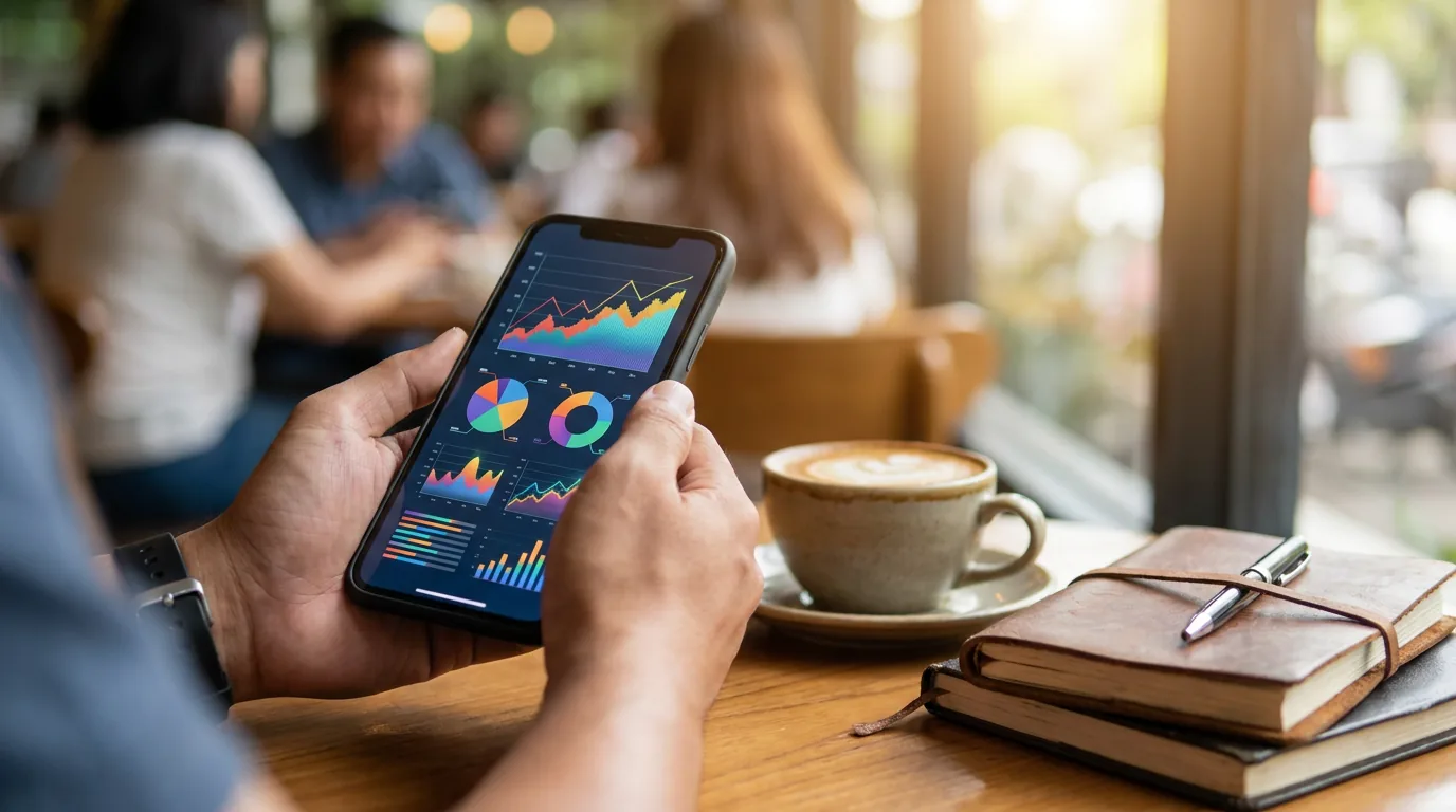 Tangan nasabah memegang ponsel pintar yang menampilkan grafik keuangan abstrak di sebuah kafe.