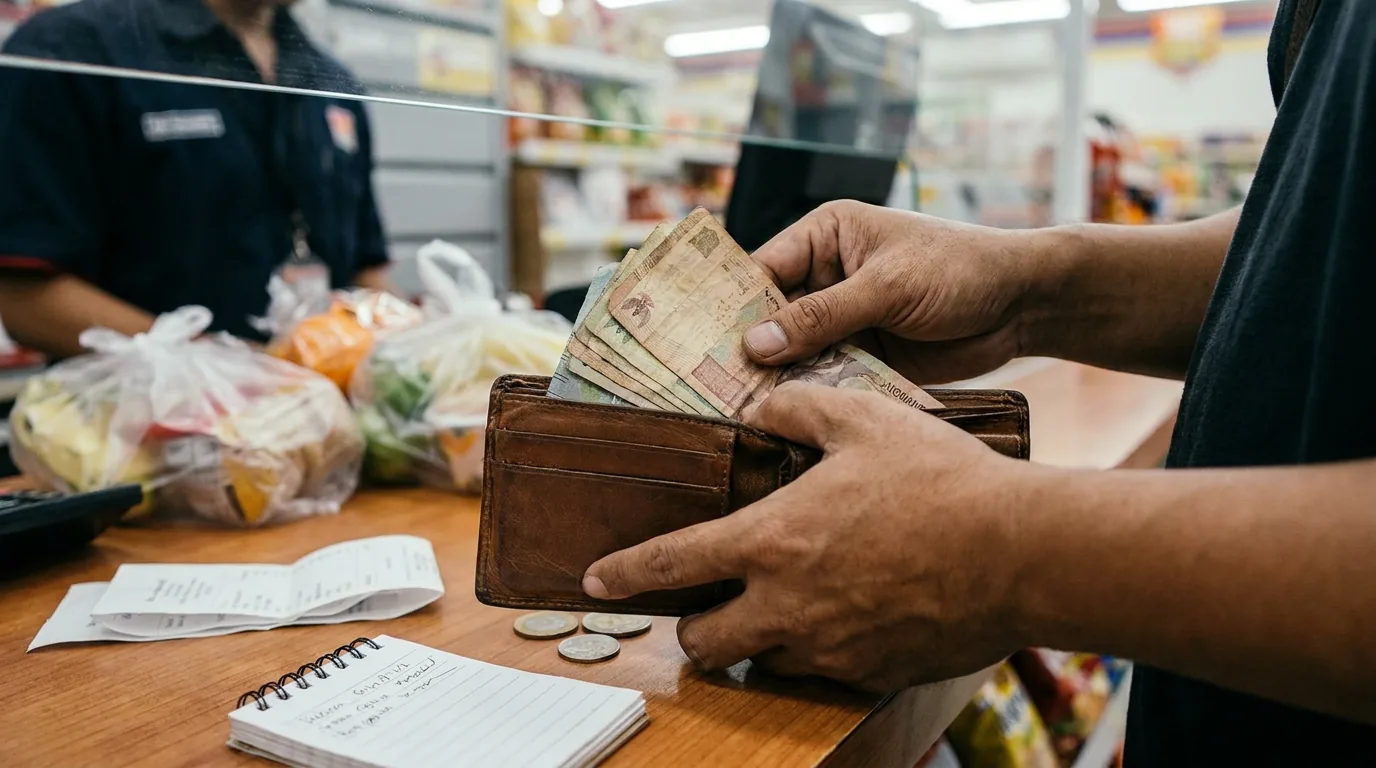 Tangan seseorang mengambil uang tunai darurat dari dompet untuk membayar belanjaan di kasir sebagai langkah antisipasi saat aplikasi m-banking sedang error.