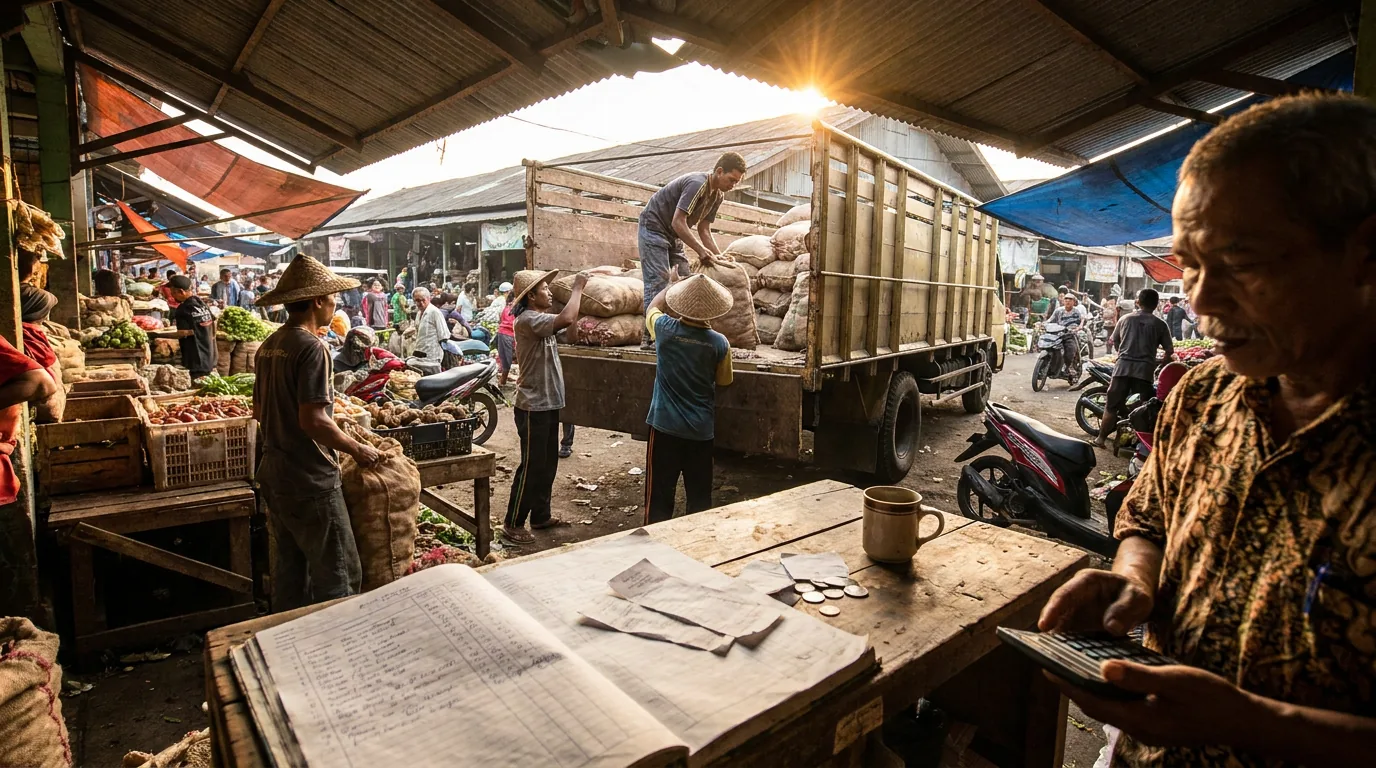 Aktivitas pekerja memuat karung beras dan hasil bumi ke dalam truk di pasar induk, merepresentasikan pergerakan harga barang dan dinamika inflasi di Indonesia.