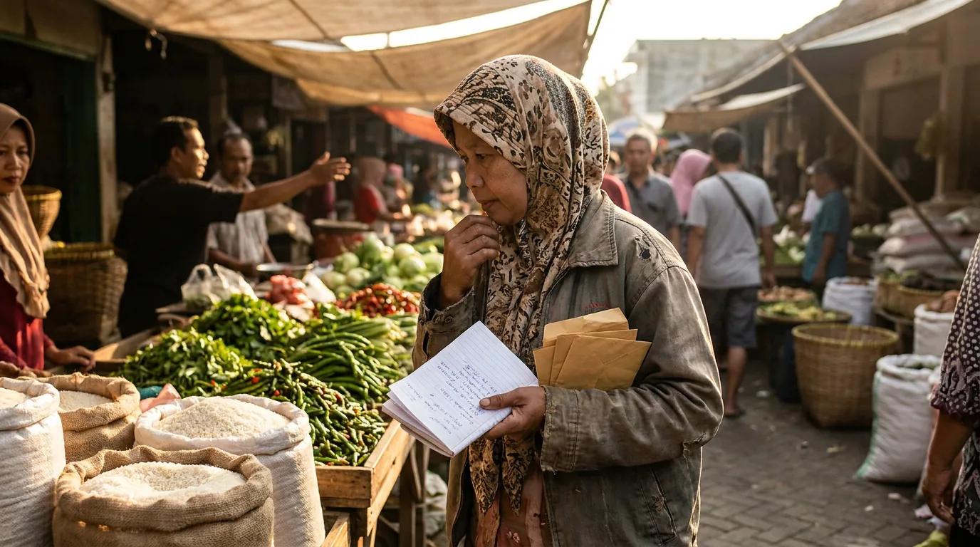 Seorang ibu sedang termenung saat memilih sayuran dan beras di pasar tradisional Indonesia, menggambarkan dampak nyata kenaikan harga pangan pada pengeluaran harian.