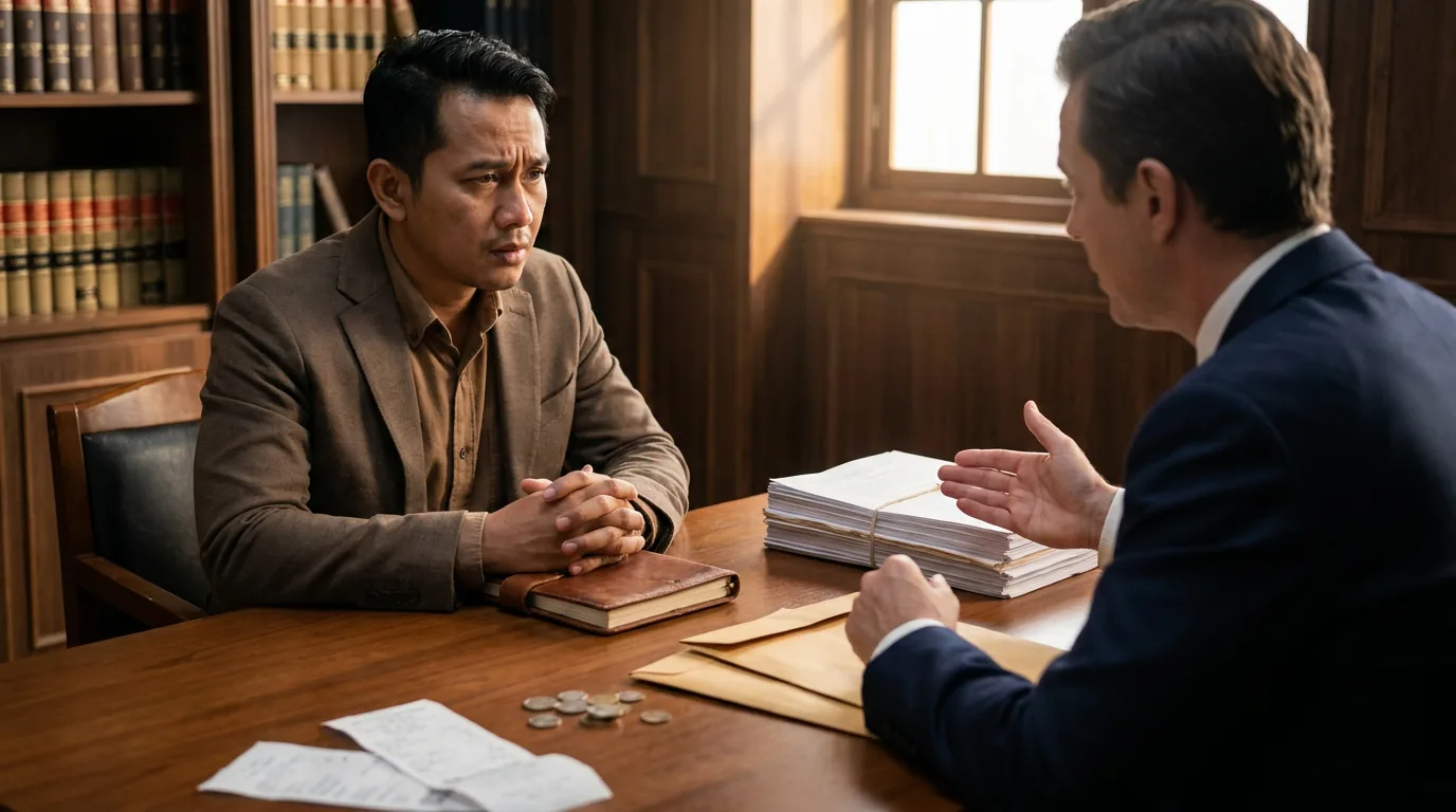 Konsultasi serius antara seorang profesional dan pengacara di kantor, mewakili tingginya biaya hukum yang dapat menguras aset keuangan pribadi.