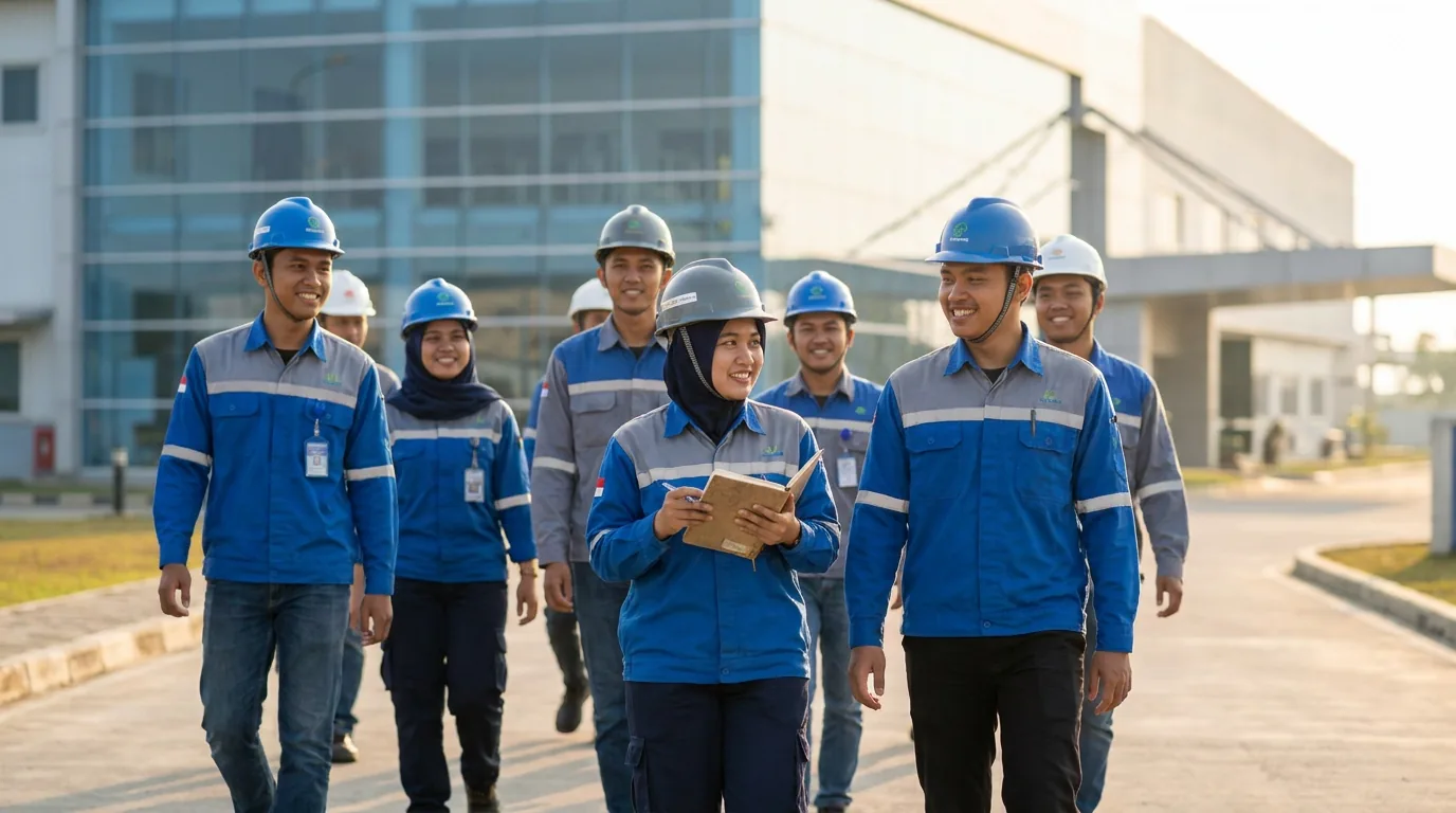 Sekelompok pekerja pabrik Indonesia berseragam rapi dan memakai helm keselamatan berjalan bersama menuju fasilitas manufaktur modern.