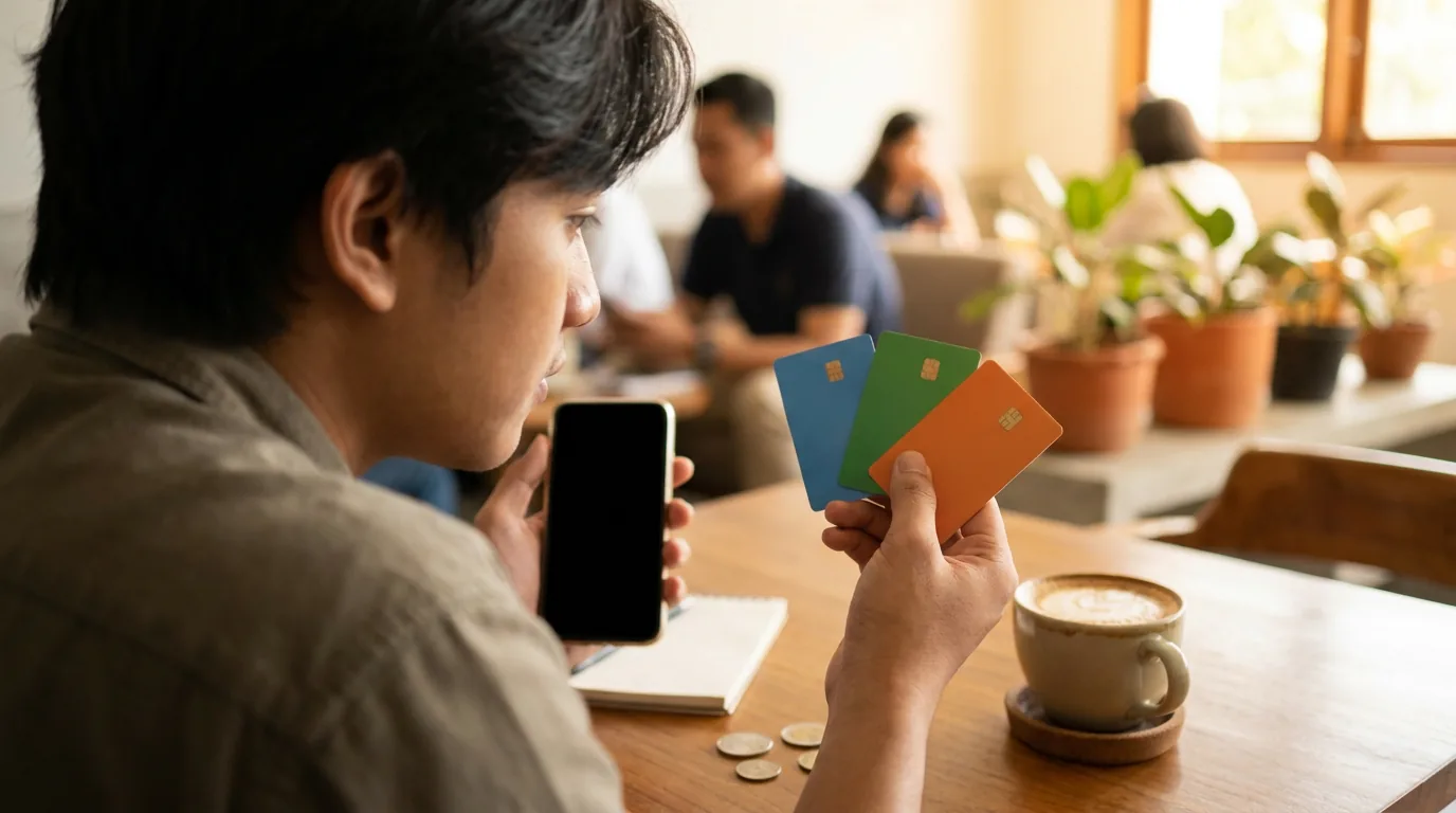 Seseorang sedang memegang dan mengevaluasi beberapa kartu bank tanpa merek di sebuah kafe, melambangkan langkah praktis mengurangi jumlah rekening untuk menghemat biaya admin.