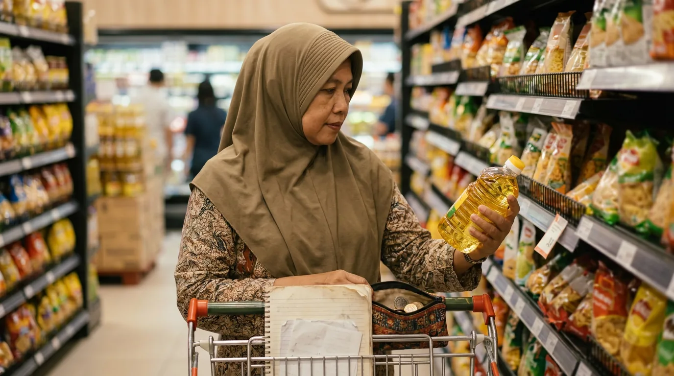 Seorang konsumen di Indonesia sedang memperhatikan harga barang kebutuhan pokok di lorong supermarket modern.