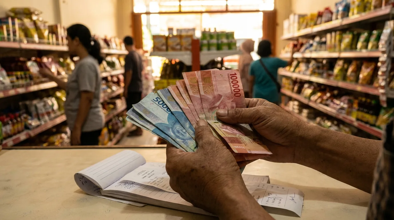 Tangan memegang uang kertas Rupiah dengan latar belakang lorong supermarket yang buram, melambangkan daya beli masyarakat di tengah fluktuasi ekonomi.
