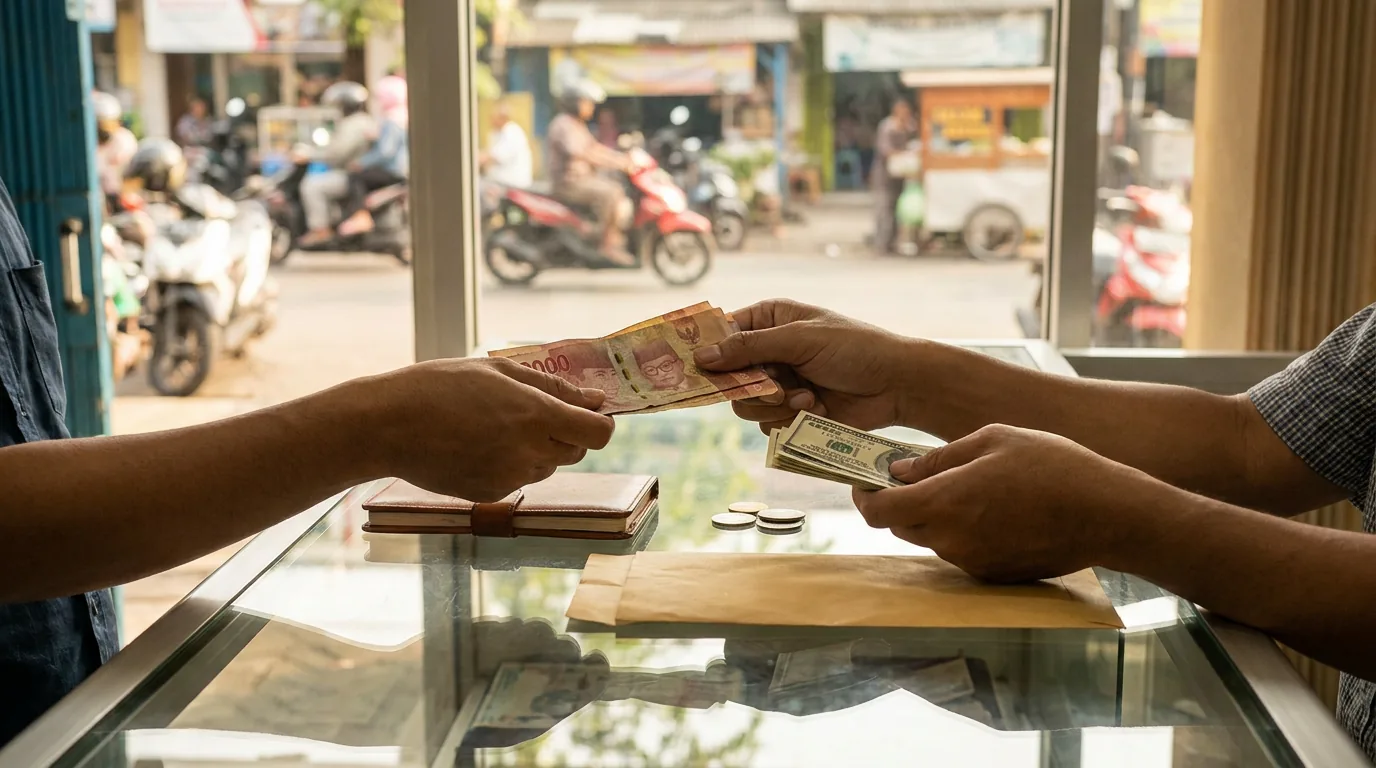 Transaksi pertukaran uang kertas Rupiah dan Dolar AS di sebuah money changer, melambangkan pergerakan nilai tukar mata uang.