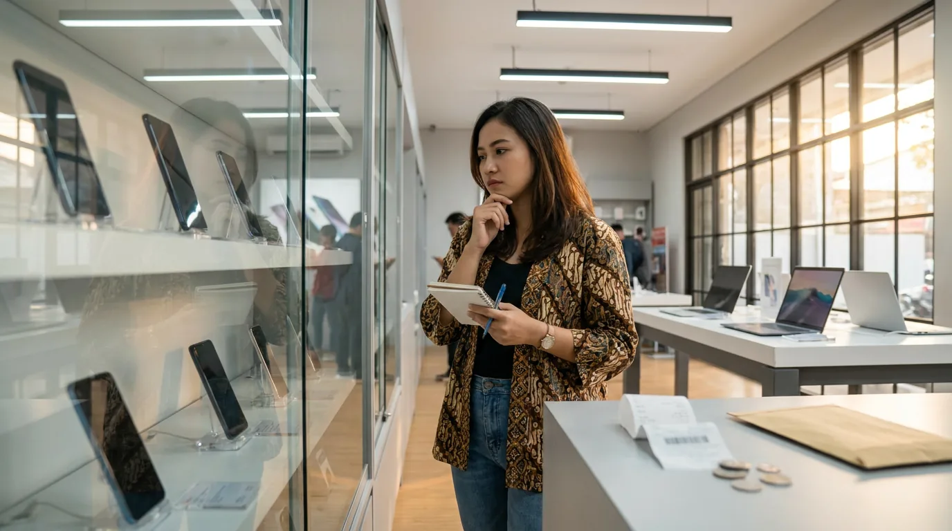 Seorang konsumen di Indonesia sedang melihat pajangan barang elektronik di toko ritel dengan raut wajah mempertimbangkan harga.